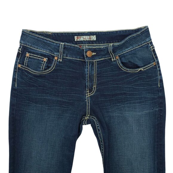 BKE Culture Stretch Boot Cut Jeans Womens 33 Mid Rise Distressed Whiskered Denim - Picture 9 of 15